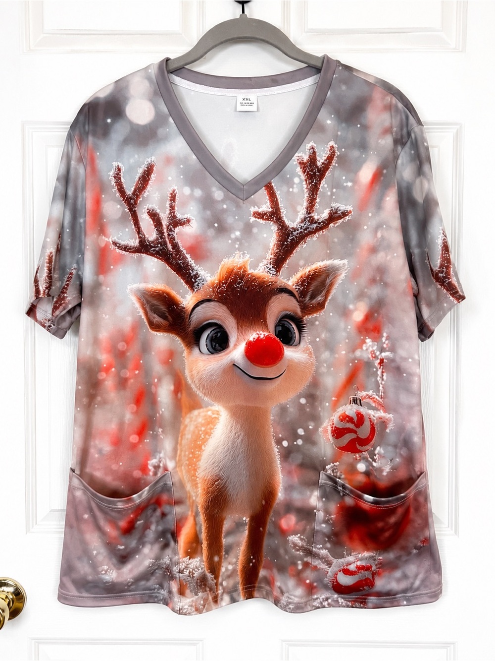 Holiday Reindeer V-Neck Scrub Top Double Pockets Size XXL